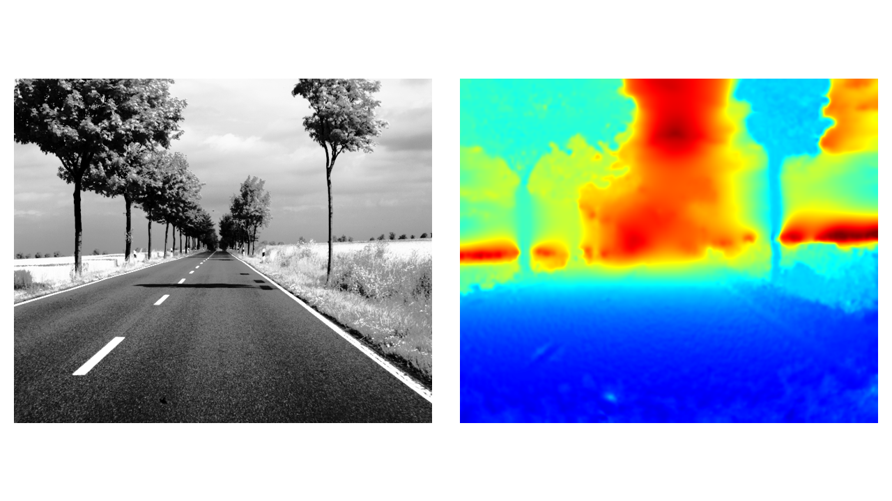 Avenue sequence: input frame (left) and estimated depth map (right)