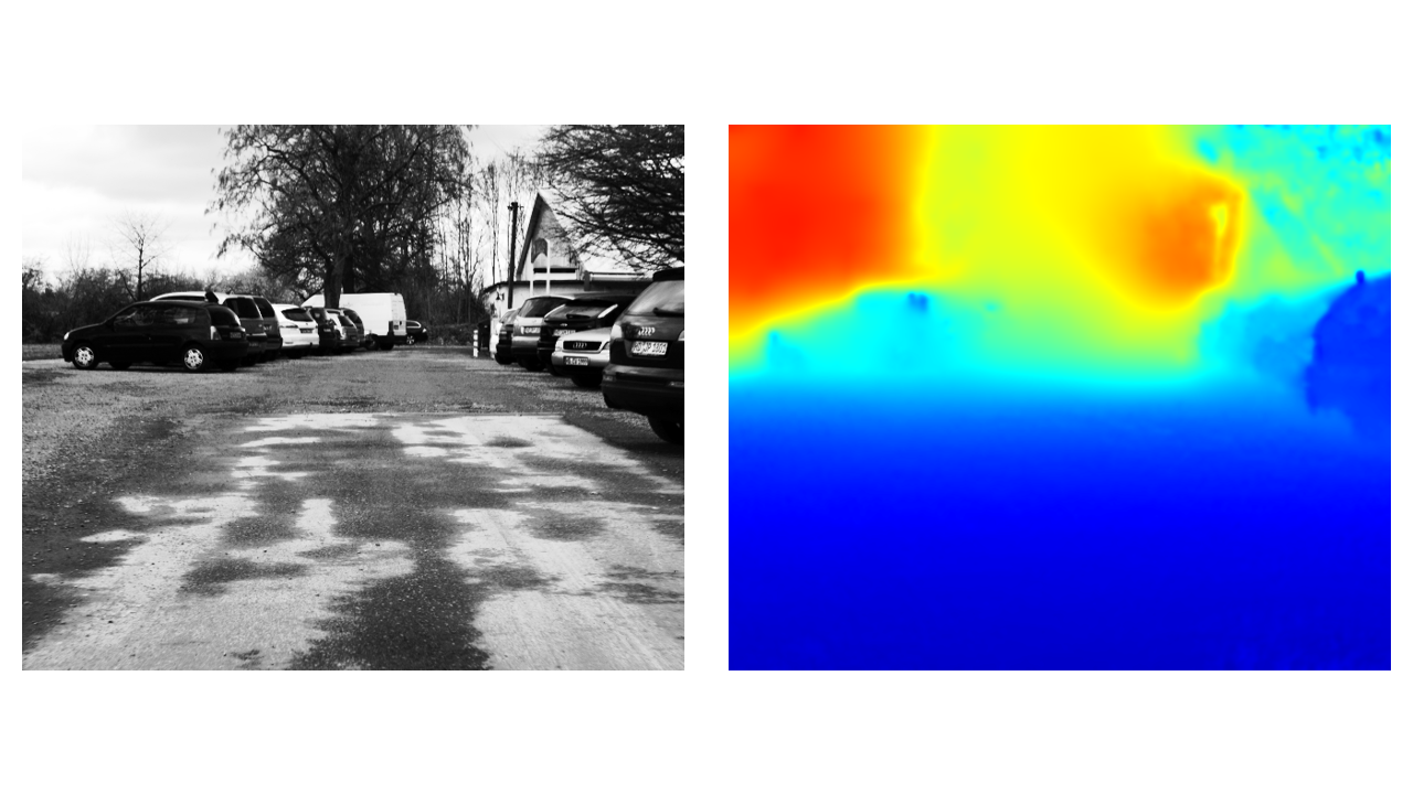 Parking sequence: input frame (left) and estimated depth map (right)