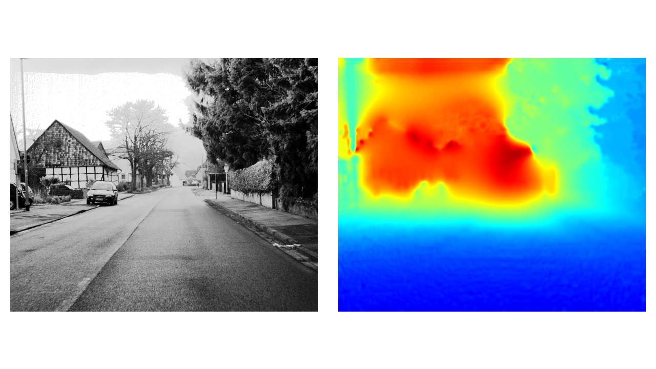 Village sequence: input frame (left) and estimated depth map (right)