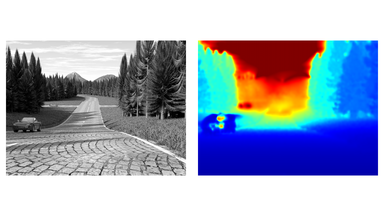 enpeda sequence: input frame (left) and estimated depth map (right)